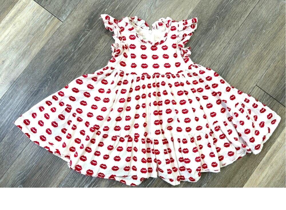 Pink Chicken Girls Dress Lip Print Valentine Cottagecore Party 2T